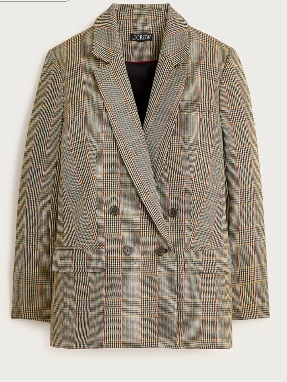 J. Crew Plaid Double-Breasted Blazer in Gray and Brown with Orange Accents